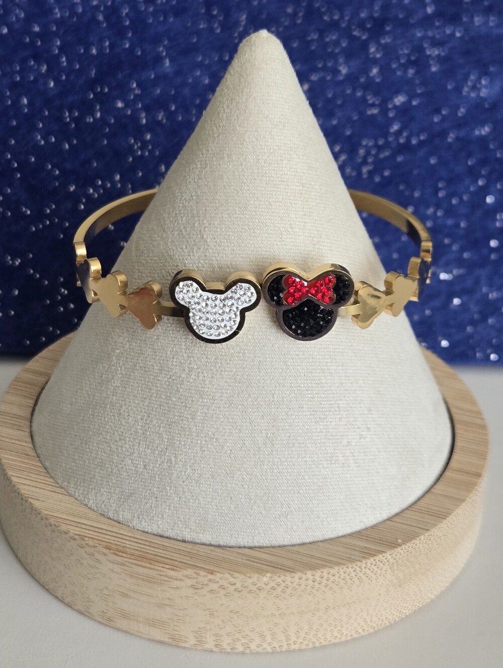 Mickey Minnie Bangle Bracelet - Gold stainless steel with cubic zirconia accents